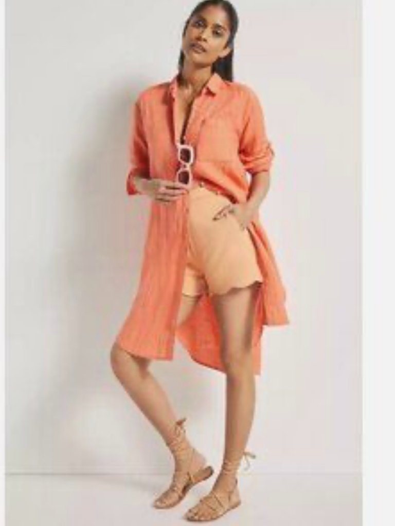 Anthropologie Coral 100% Linen Tunic Shirtdress Sz 1x Relaxed Coastal Boho